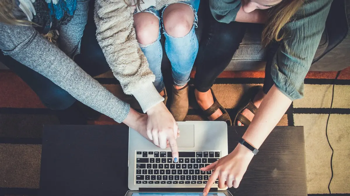 FlowAIVideo use case: marketing team reviewing one ad together on a laptop