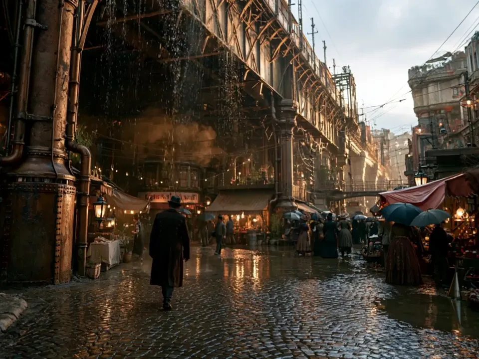 FlowAIVideo prompt-led shot of a figure walking through a rainy lantern-lit market street
