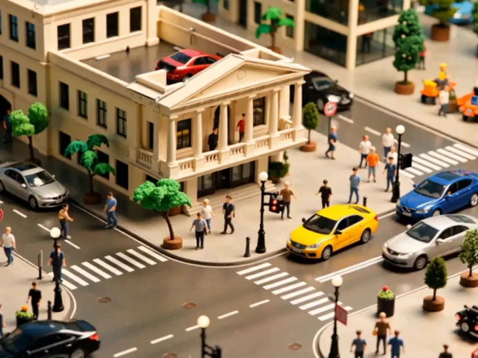 FlowAIVideo prompt-only shot of a tilt-shift miniature city with buses and pedestrians